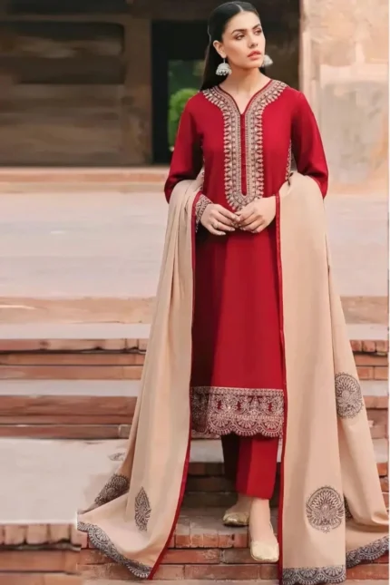 Unstitched Embroidered Dhanak Wool Suit With Embroidered Dhanak Shawl