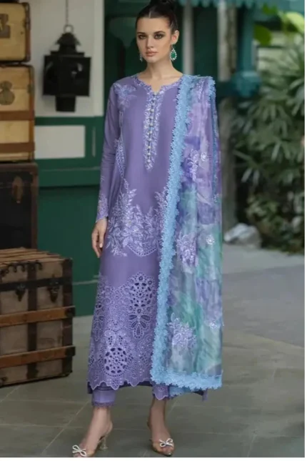 BZ-86 Lawn Unstitched 3pc Fully Embroidered Suit With Silk Printed Dupatta