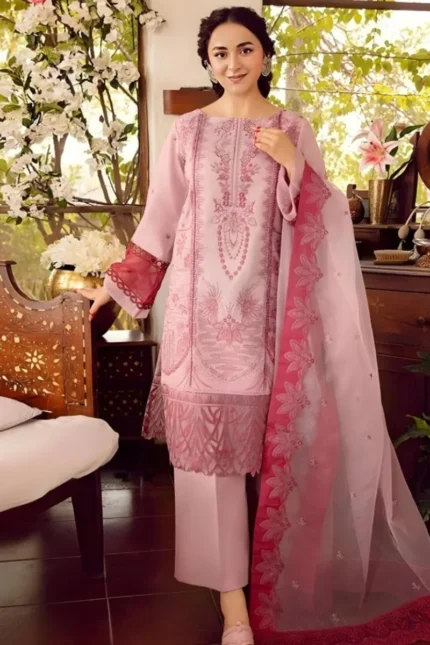 BZ-18 Embroidered Unstitched Lawn 3Pc Suit With Organza Embroidered Dupatta