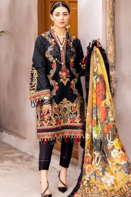 BZ-311 Embroidered Unstitched Lawn 3pc Suit With Silk Printed Dupatta
