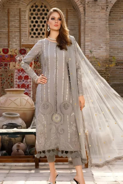 Embroidered 3pc Lawn Chicken Kari dress with embroidered chiffon dupatta BZ-07