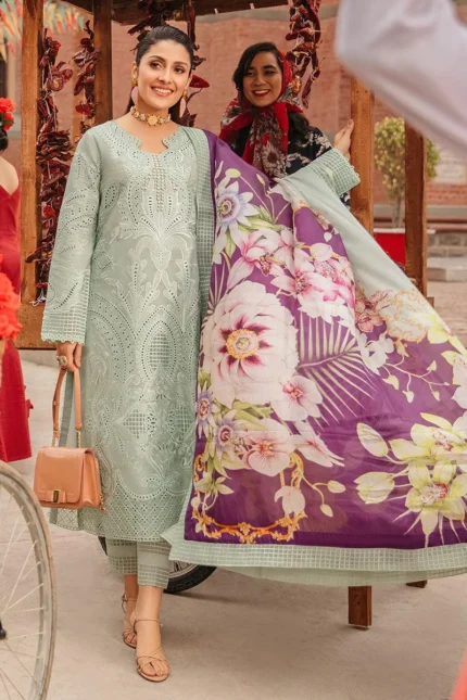 BZ-MS42 Embroidered Chikenkari Unstitched Lawn 3pc Suit With Silk Printed Dupatta